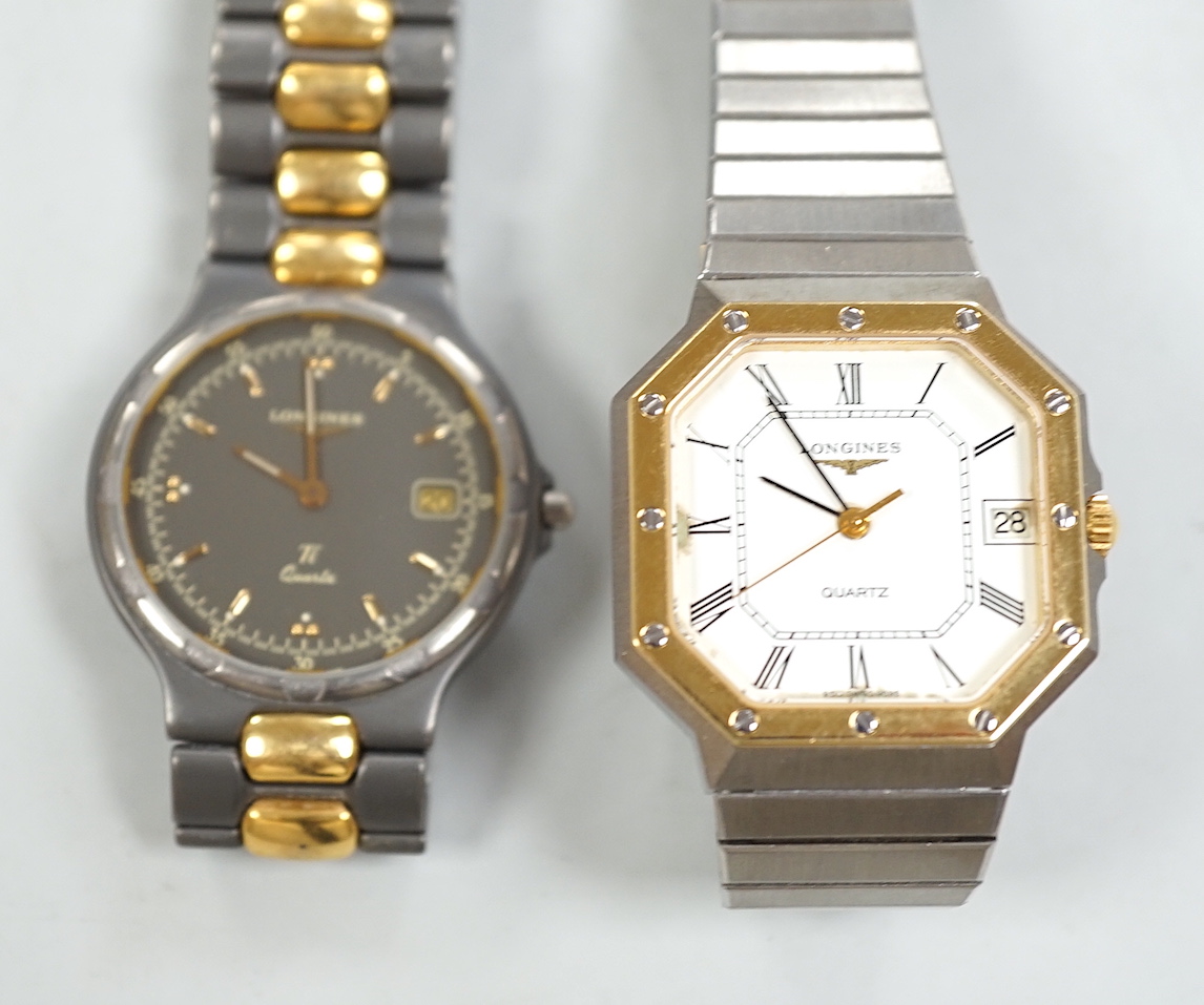 Two gentleman's steel and gold plated Longines quartz wrist watches, one with octagonal case.